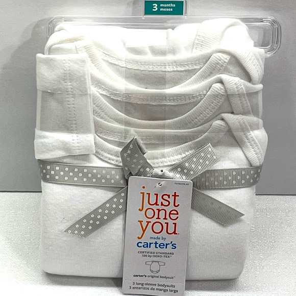 Carter’s Just One You 3 Pack Long Sleeve Cotton White Bodysuits Set 3-Months New - Picture 10 of 10